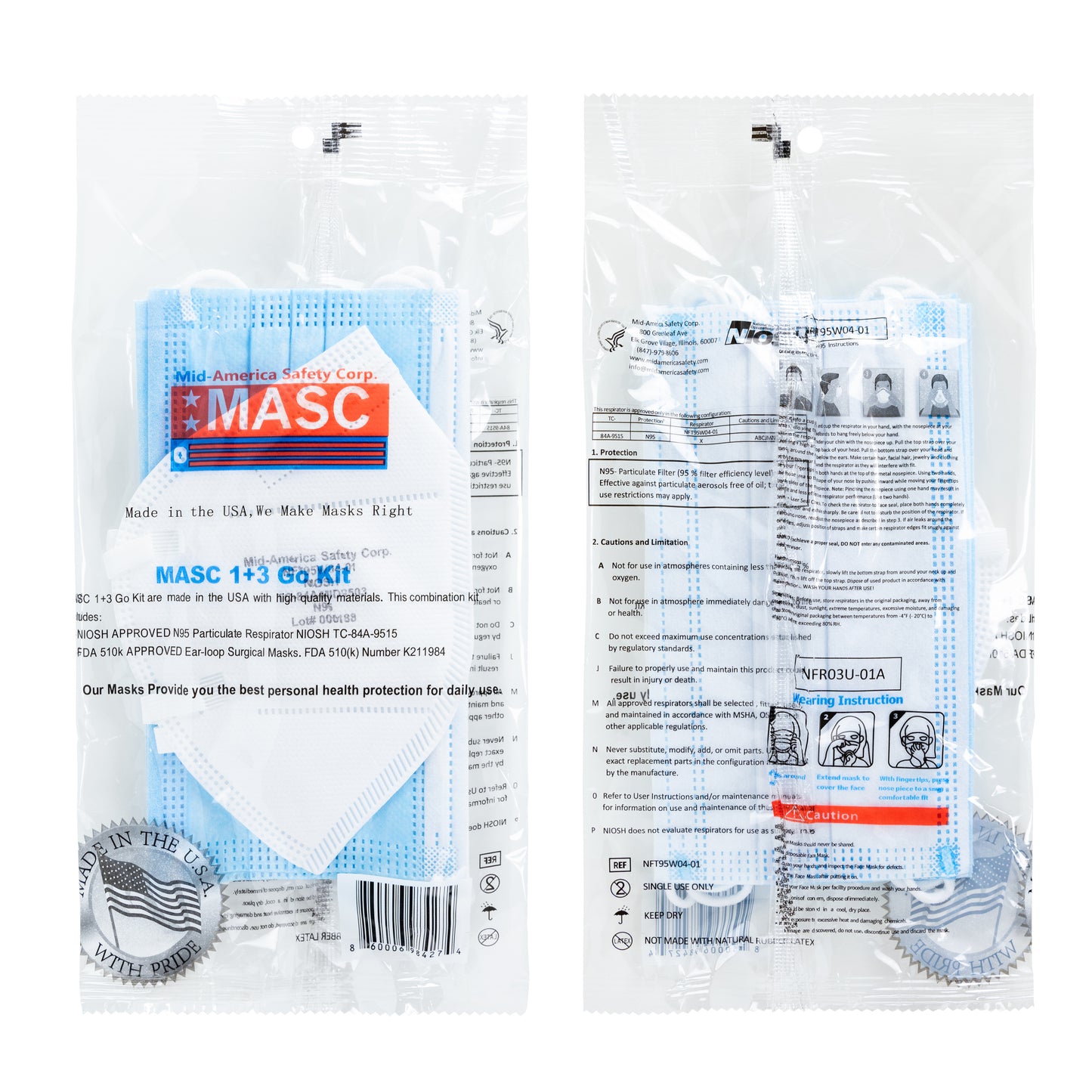1+3 Go Kit (1-N95 Respirator and 3-Surgical Mask) - Made in the USA