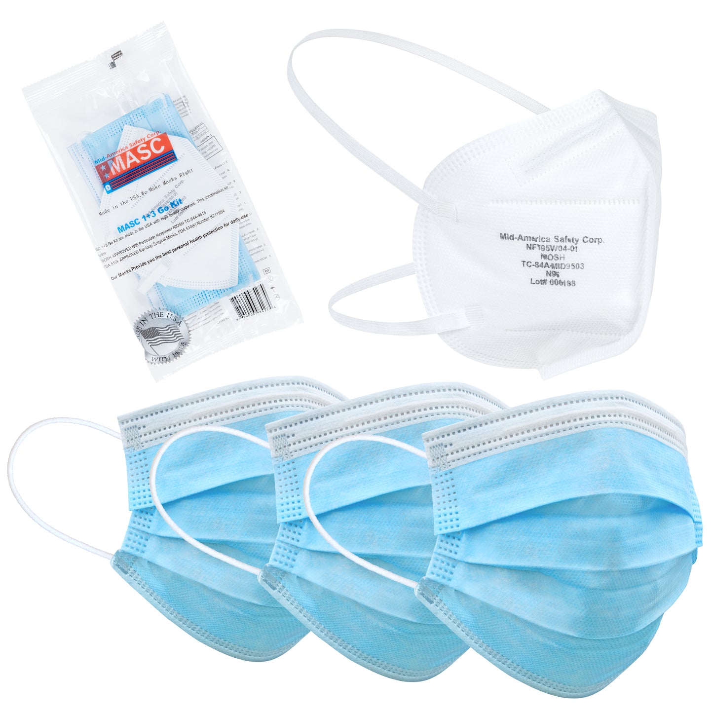 1+3 Go Kit (1-N95 Respirator and 3-Surgical Mask) - Made in the USA