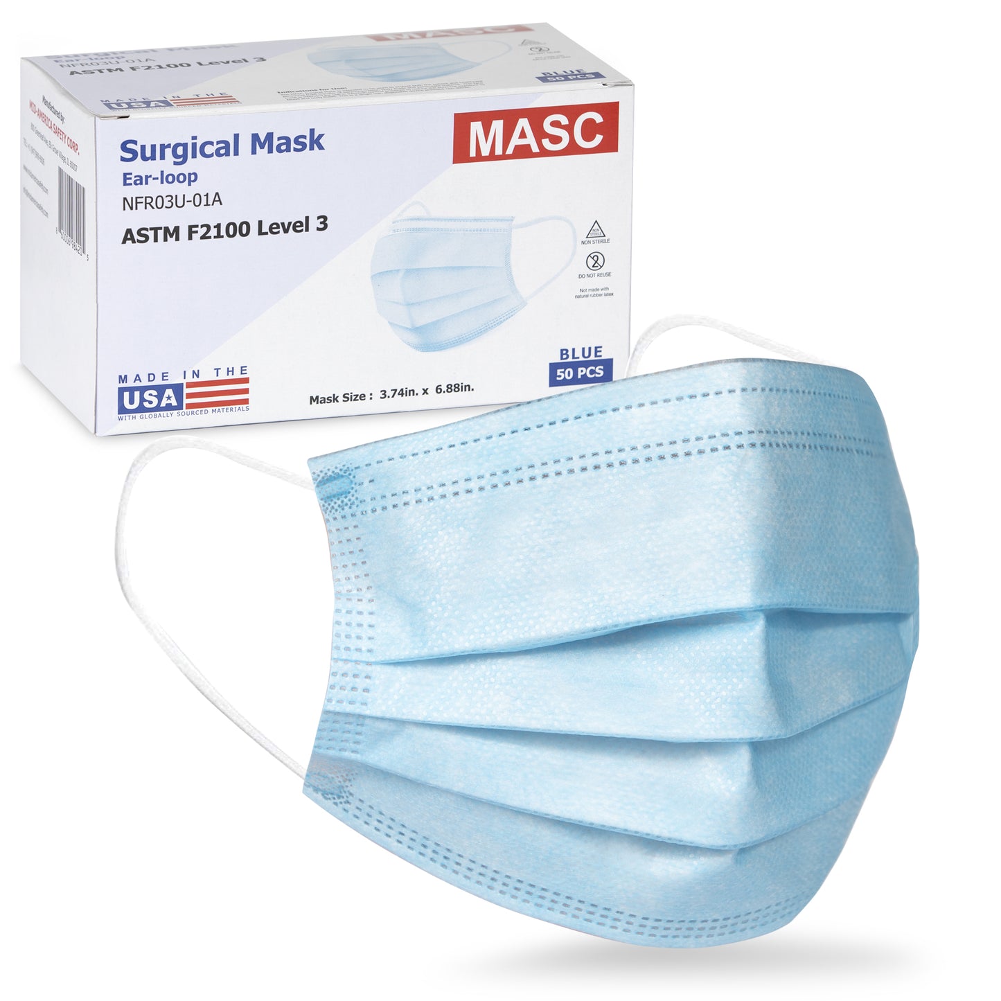 Disposable Face Mask - Blue 3-Ply Surgical Face Mask with Ear loops - Made in the USA