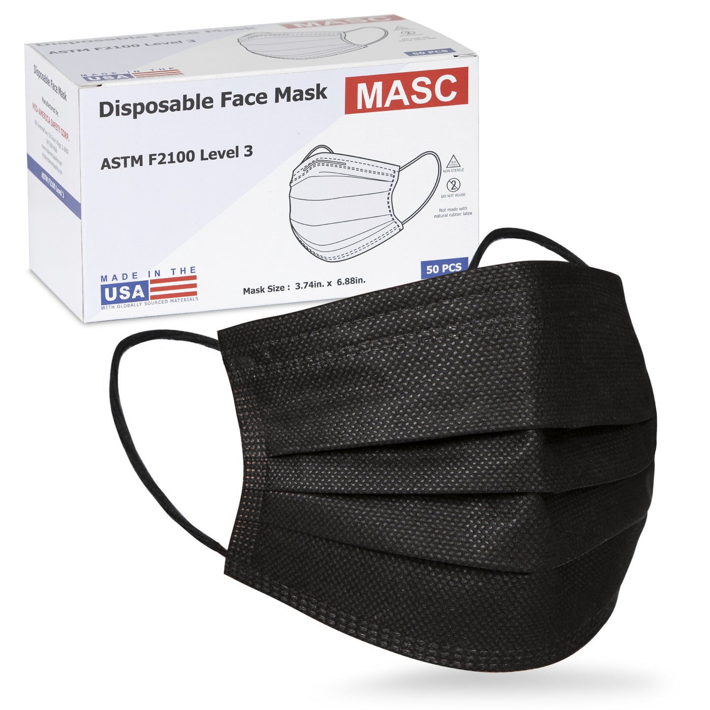 Disposable Face Mask - Black 3-Ply Face Mask with Ear loops - Made in the USA